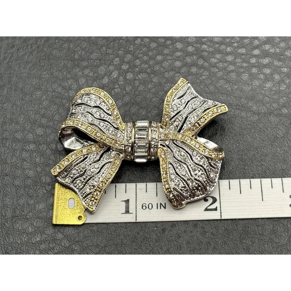 Vintage 90s Gold Tone Silver Tone Rhinestone Bow Brooch Pin Art Deco Revival